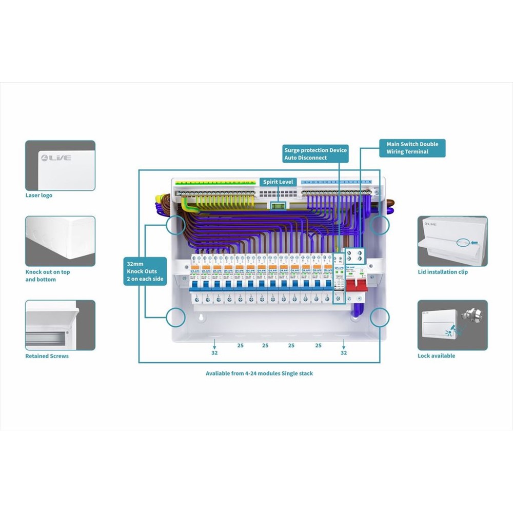 Liveelec LSMC10M-SP<BR> 7 Way Metal Clad<BR> Consumer Unit with 100A DP Isolator and Surge Protection