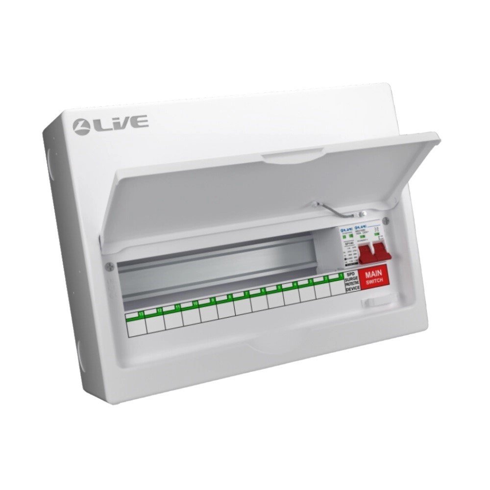 Liveelec LSMC14M-SP <BR>11 Way Metal Clad <BR>Consumer Unit with 100A DP Isolator and Surge Protection