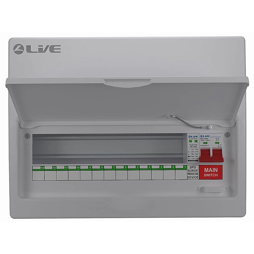Liveelec LSMC6M-SP<BR> 3 Way Metal Clad<BR> Consumer Unit with 100A DP Isolator and Surge Protection