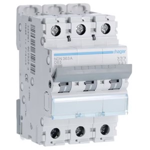 Hager NDN363A<BR> MCB TP Type D 63A 10kA